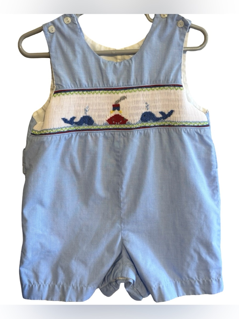 Sir John by Rosalina Boys Smocked Whale Boat Shortall Size 18M Blue Romper